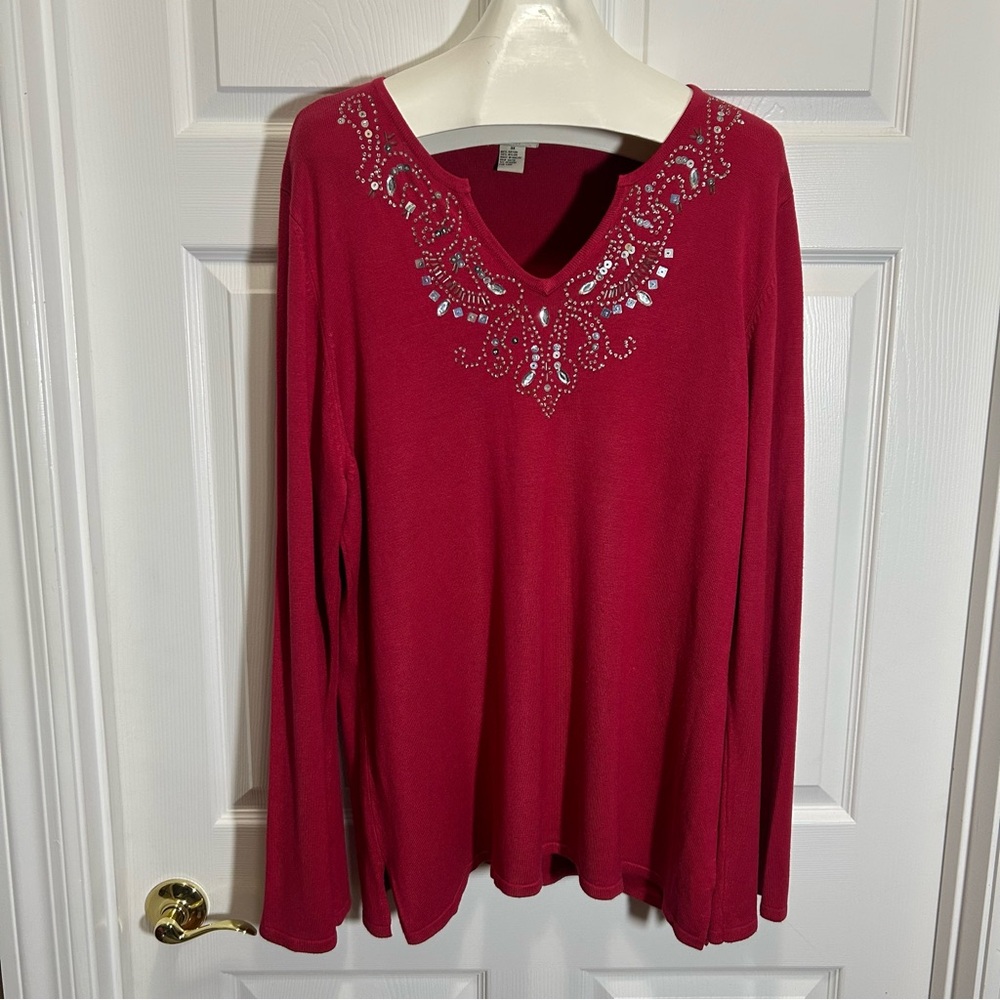 Notations Deep Red Sequin Embellished Long Sleeve Top